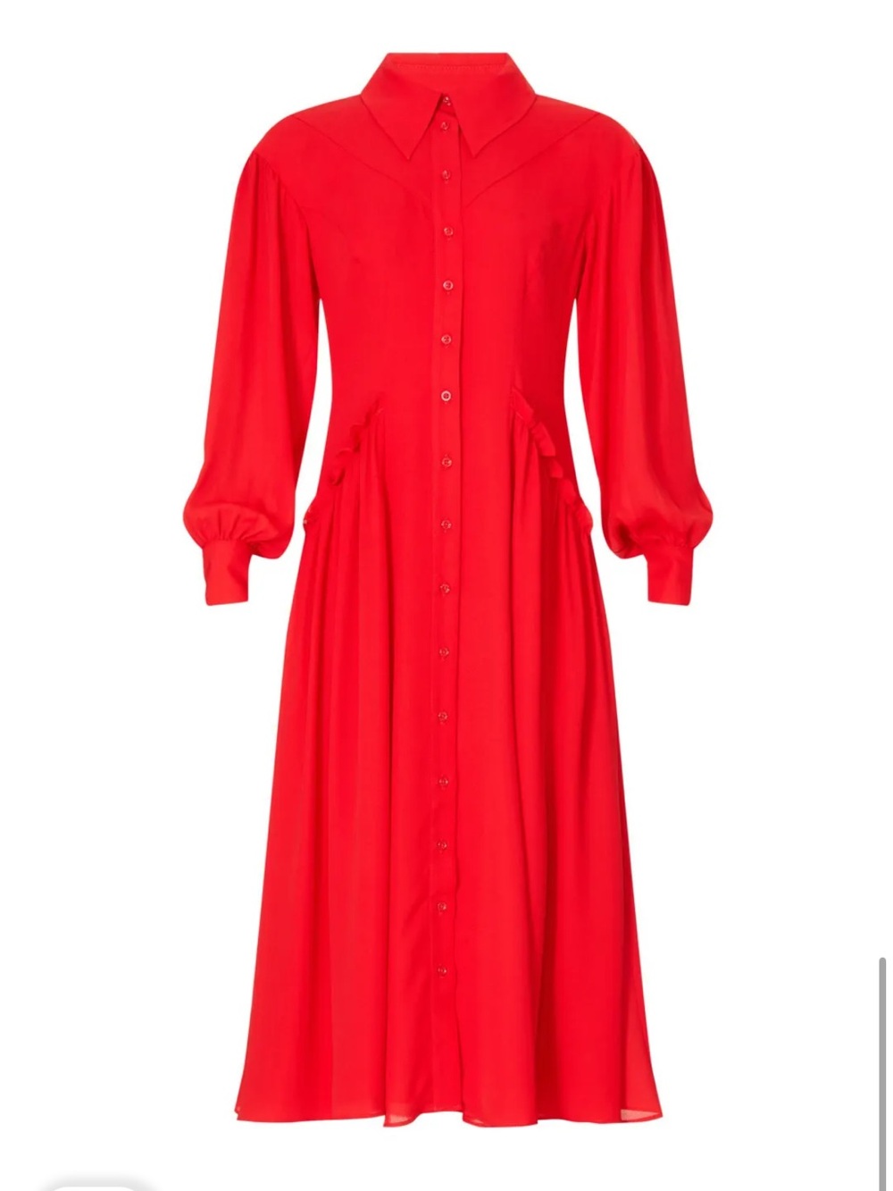 Saunders x RTR Flowing Red Georgette Ruffle Midi Shirt Dress Long Sleeve M